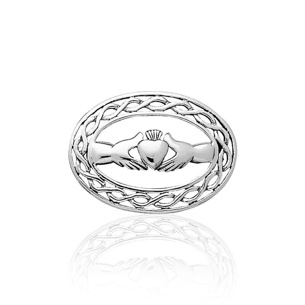 Irish Claddagh with Celtic Knotwork Silver Brooch TBR027
