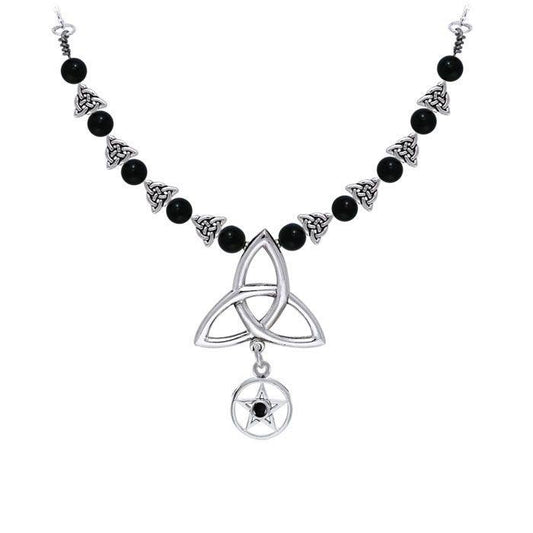 Celtic Knot Goddess Morrigan Pentagram Necklace TNC413P  with Natural Black Obsidian Necklace