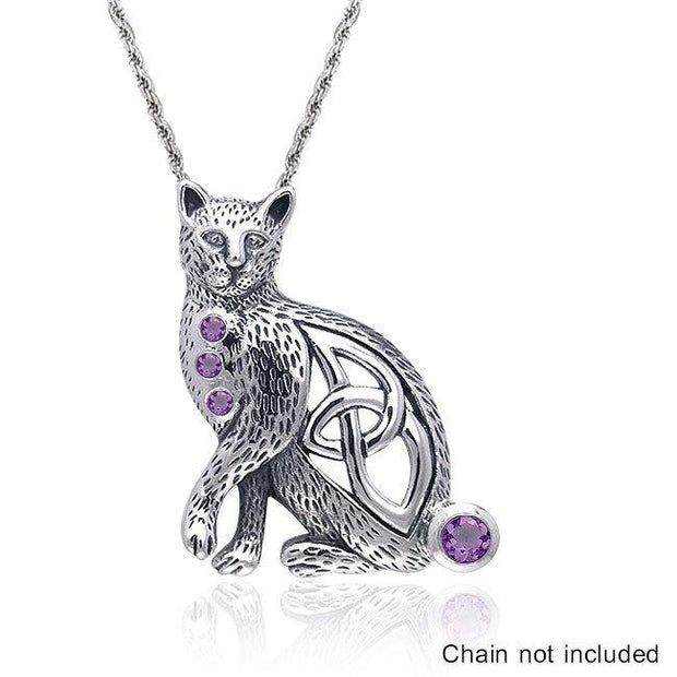 A regal mystery ~ Celtic Knotwork Cat Sterling Silver Pendant with Gemstones TPD332 Pendant