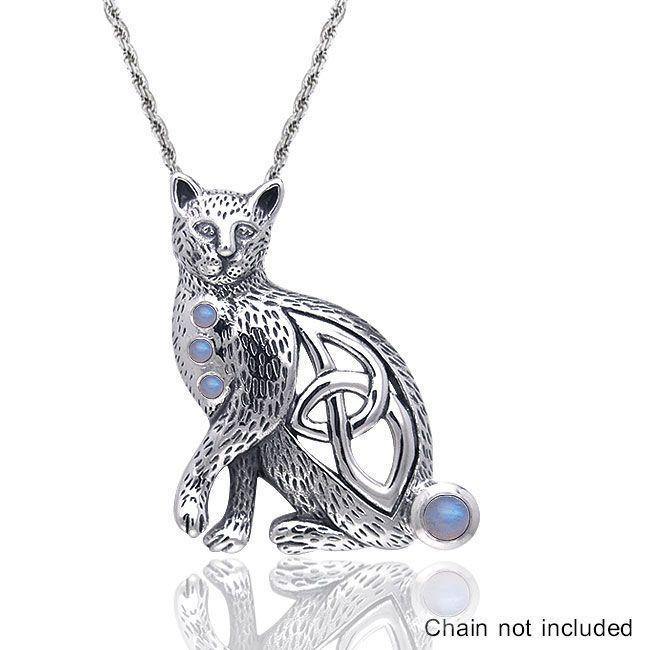 A regal mystery ~ Celtic Knotwork Cat Sterling Silver Pendant with Gemstones TPD332 Pendant