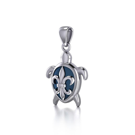 Fleur de Lis on Sea Turtles Carapace Sterling Silver Jewelry Enamel Pendant TPD3803 Pendant