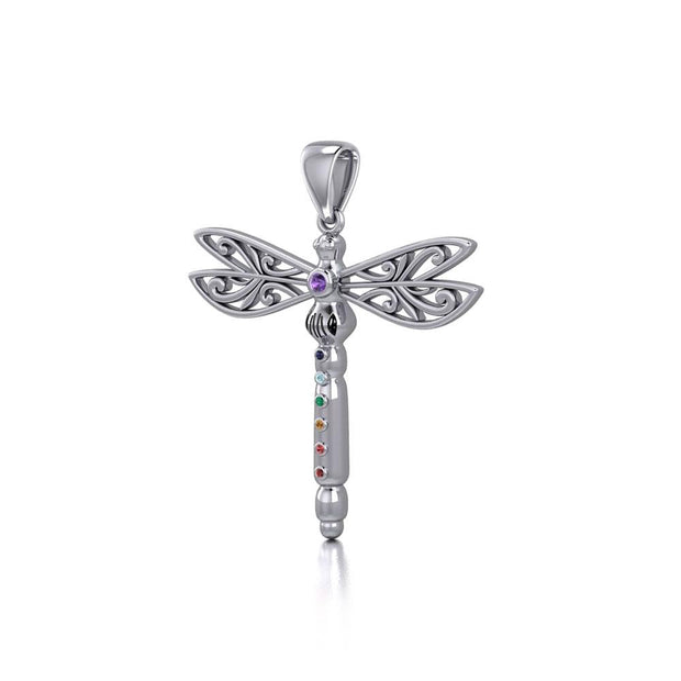 Spiritual Dragonfly Silver Pendant with Chakra Gems TPD5055 Pendant
