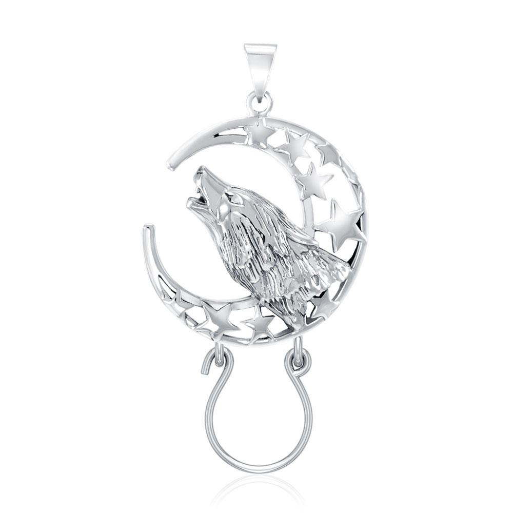 Baying Wolf and Moon Silver Charm Holder Pendant TPD5083 Pendant
