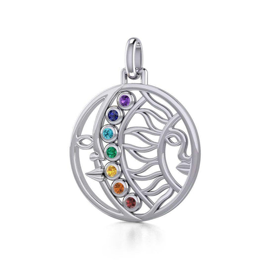 Sun and Moon Silver Pendant with Chakra Gemstone TPD5290 Pendant