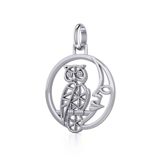 Silver Flower of Life Owl on The Moon Pendant TPD5300 Pendant