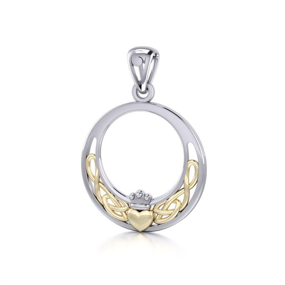 A pure love beyond ages ~ Celtic Knotwork Irish Claddagh Sterling Silver Pendant with Gold accent TPV1442 Pendant