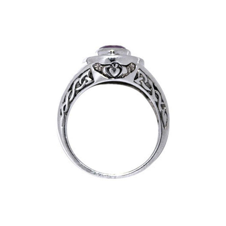 Love in an endless way ~ Sterling Silver Celtic Knotwork Claddagh Ring with Gemstone TRI086 Ring