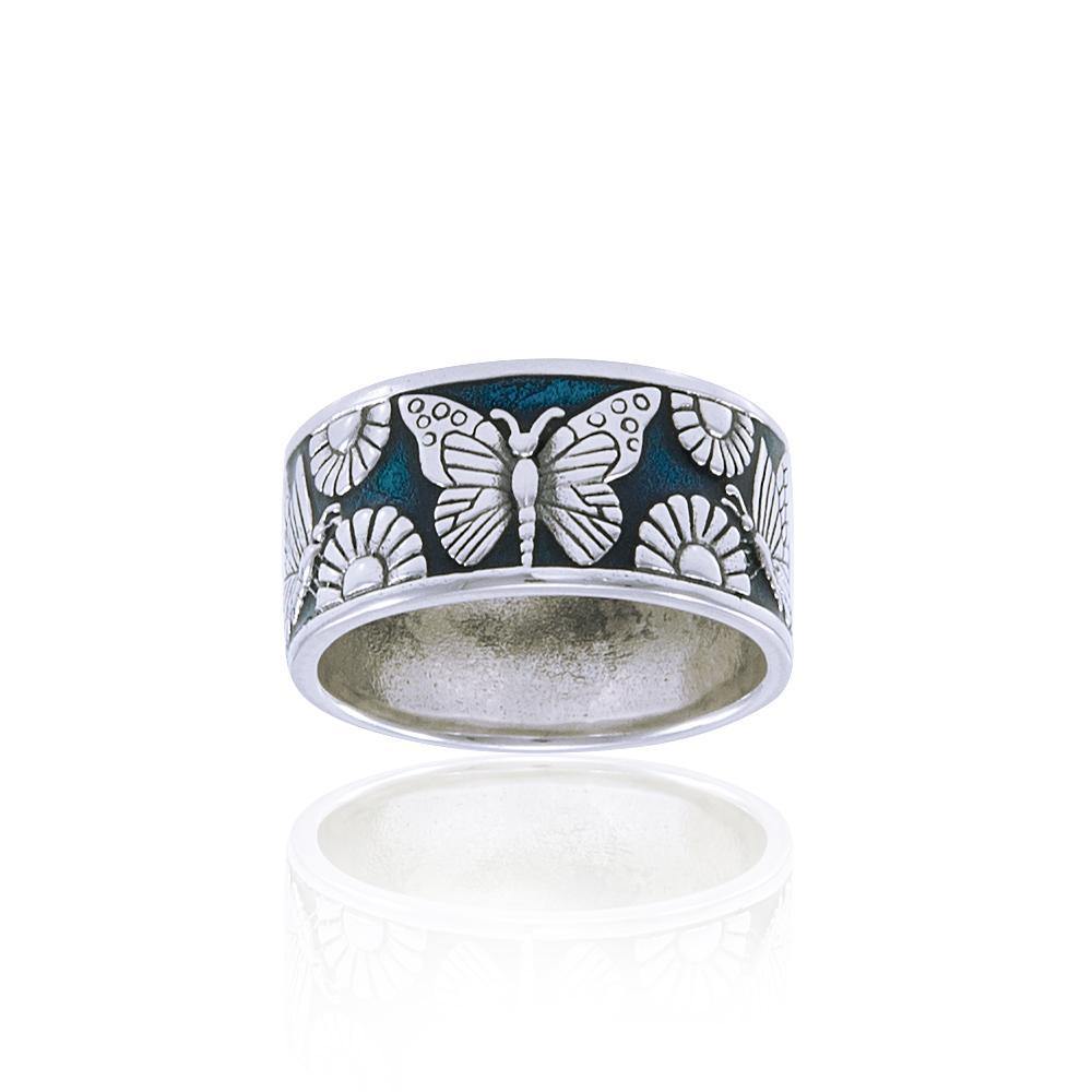 Silver Butterfly & Flower Ring TRI104