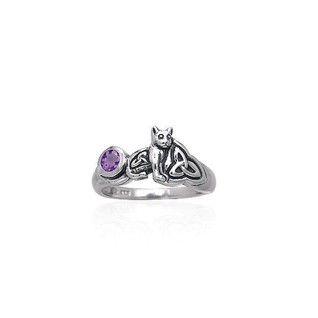 Our revered companion ~ Sterling Silver Jewelry Celtic Cat Ring with Gemstone TRI142 Ring