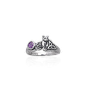 Our revered companion ~ Sterling Silver Jewelry Celtic Cat Ring with Gemstone TRI142 Ring