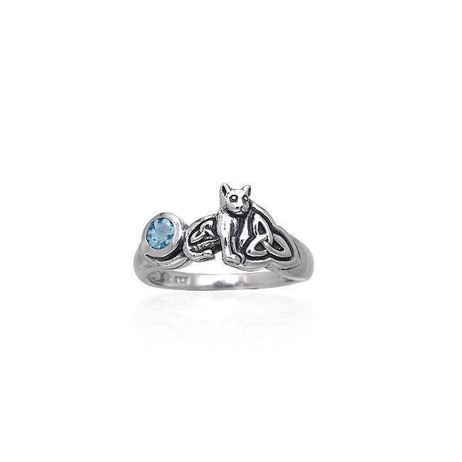 Our revered companion ~ Sterling Silver Jewelry Celtic Cat Ring with Gemstone TRI142 Ring