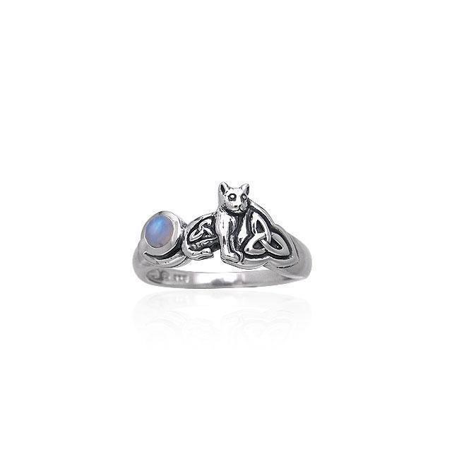 Our revered companion ~ Sterling Silver Jewelry Celtic Cat Ring with Gemstone TRI142 Ring