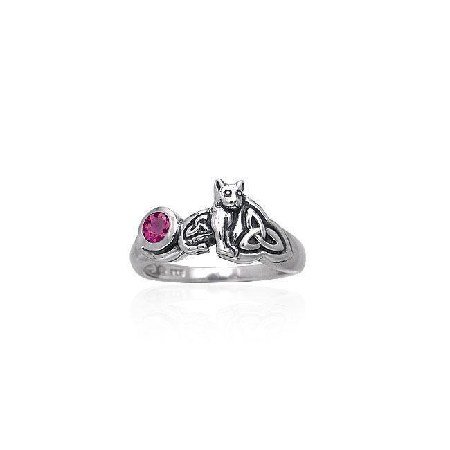 Our revered companion ~ Sterling Silver Jewelry Celtic Cat Ring with Gemstone TRI142 Ring
