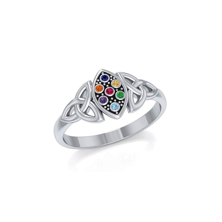 Live in the present moment ~ Celtic Knotwork Trinity Sterling Silver Ring with Chakra Gemstones TRI1733 Ring