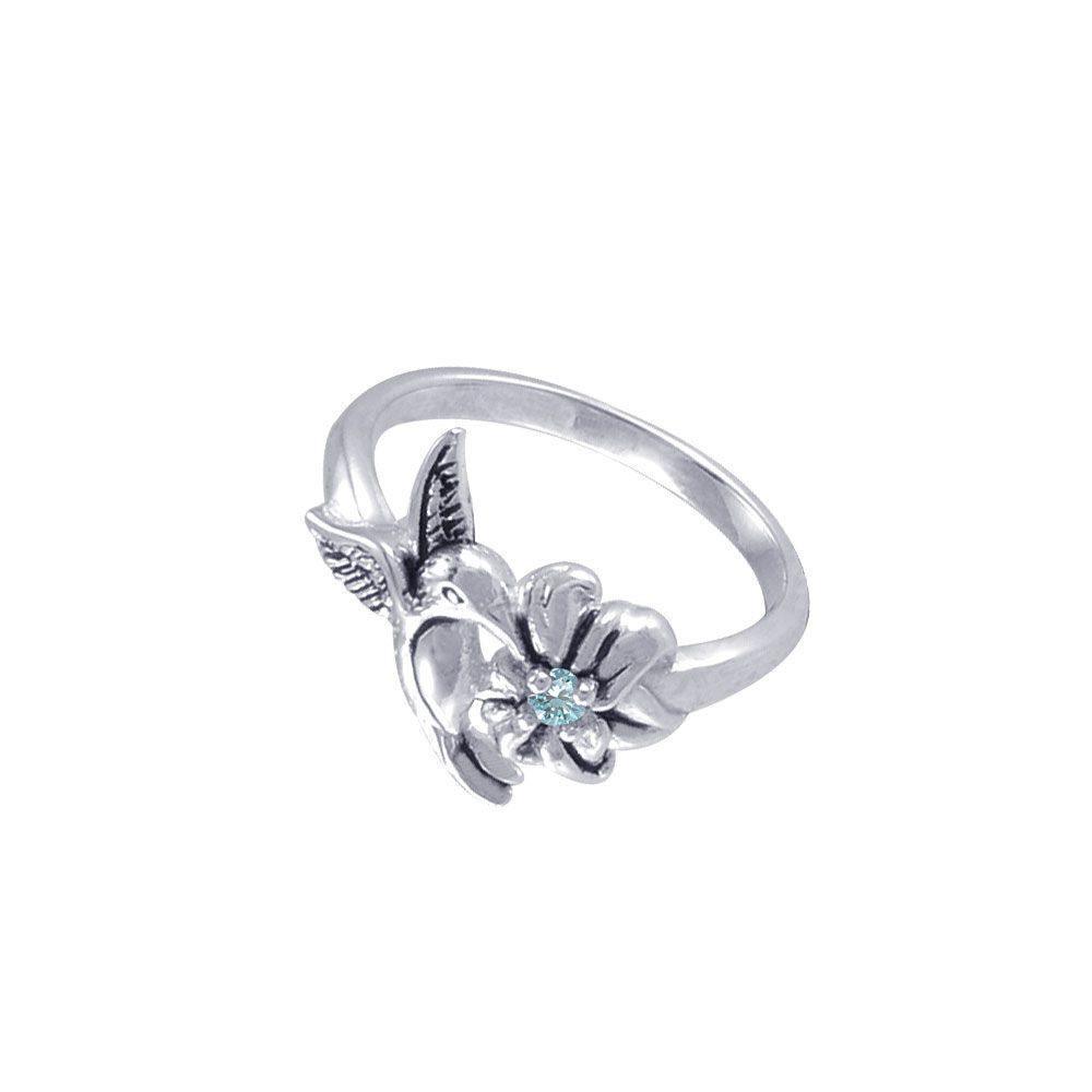 Silver Flying Hummingbird with Gemstone Flower Ring TRI1803 Ring