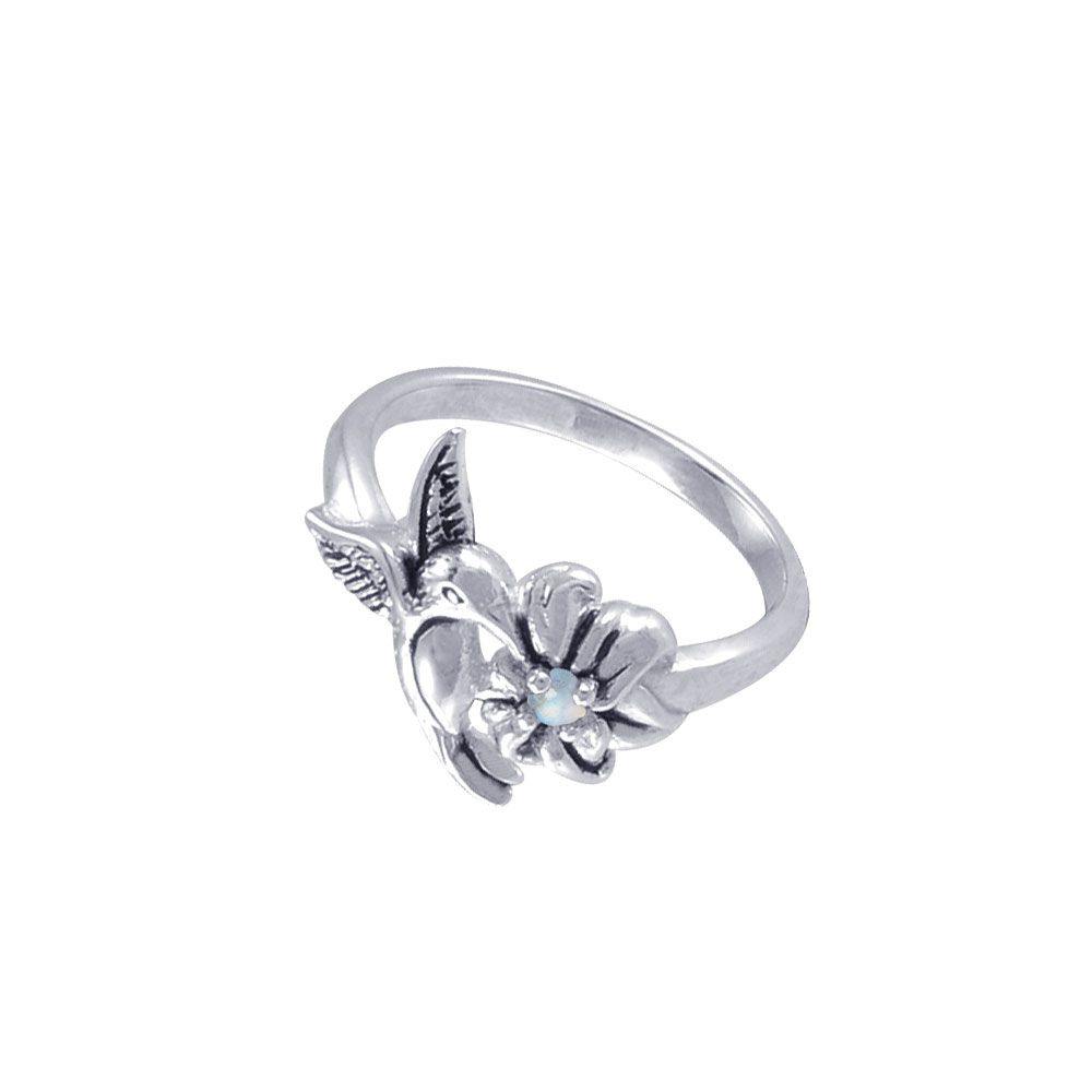 Silver Flying Hummingbird with Gemstone Flower Ring TRI1803 Ring
