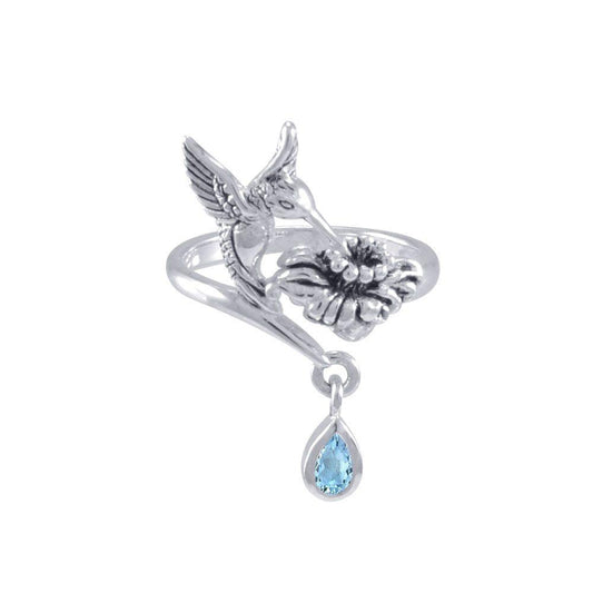 Silver Flying Hummingbird with Dangling Gemstone Flower Ring TRI1808 Ring