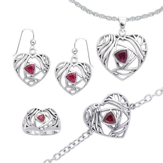 All you need is love ~ Sterling Silver Heart Jewelry Set with a Shimmering Gemstone TSE589 Set